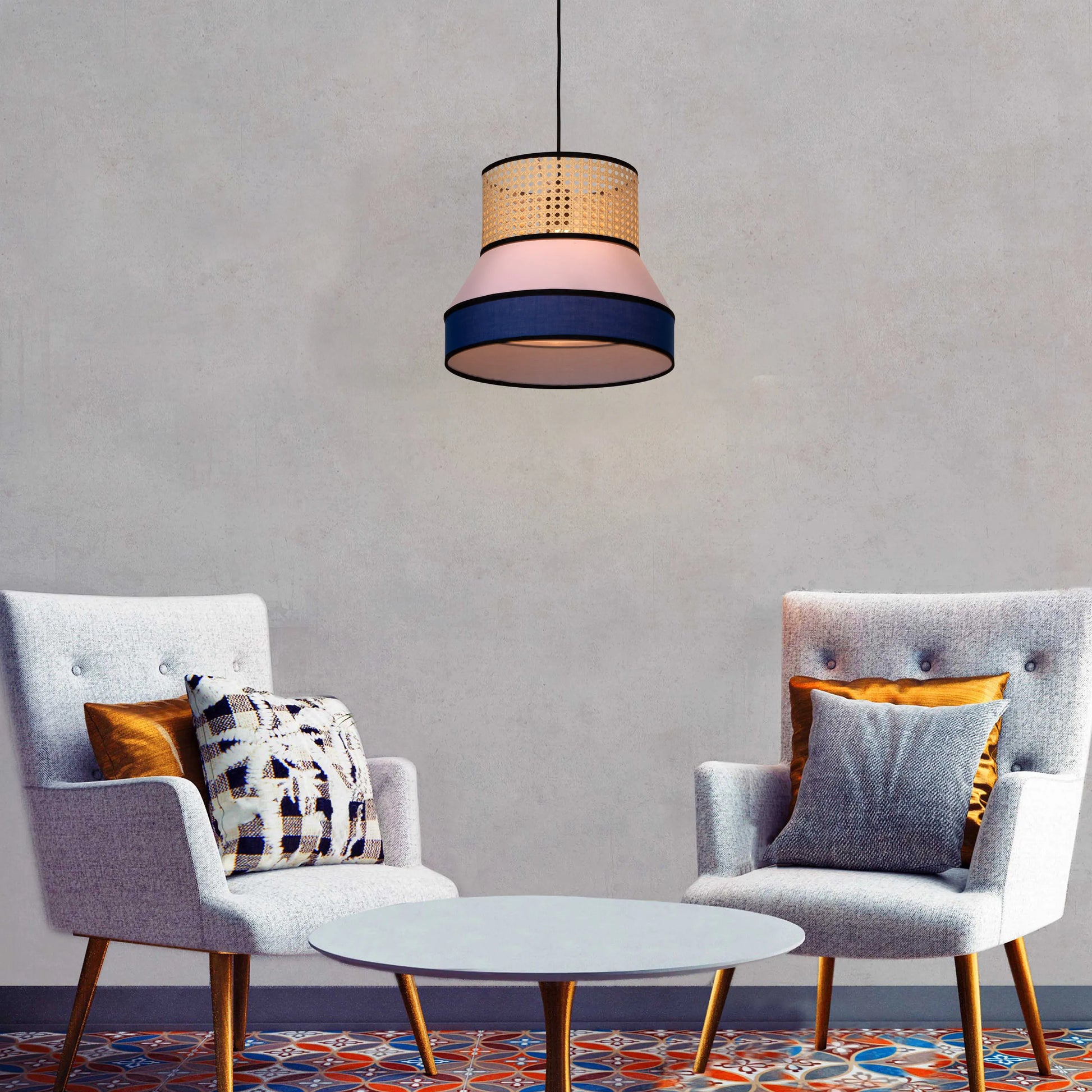 Make The Tea pink and blue rattan pendant light illuminating a modern dining room