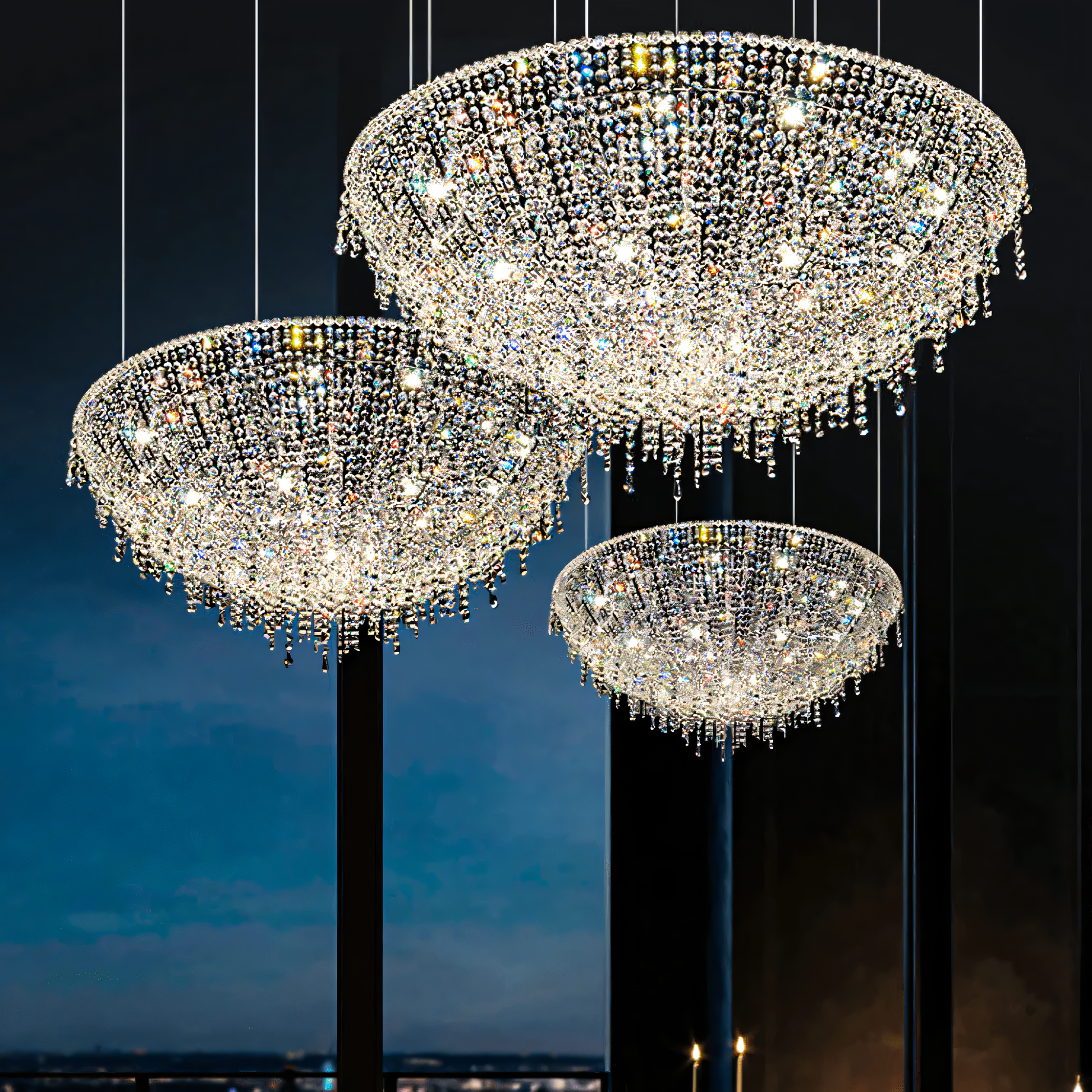 Adjustable-height LED chandelier with a dazzling crystal display