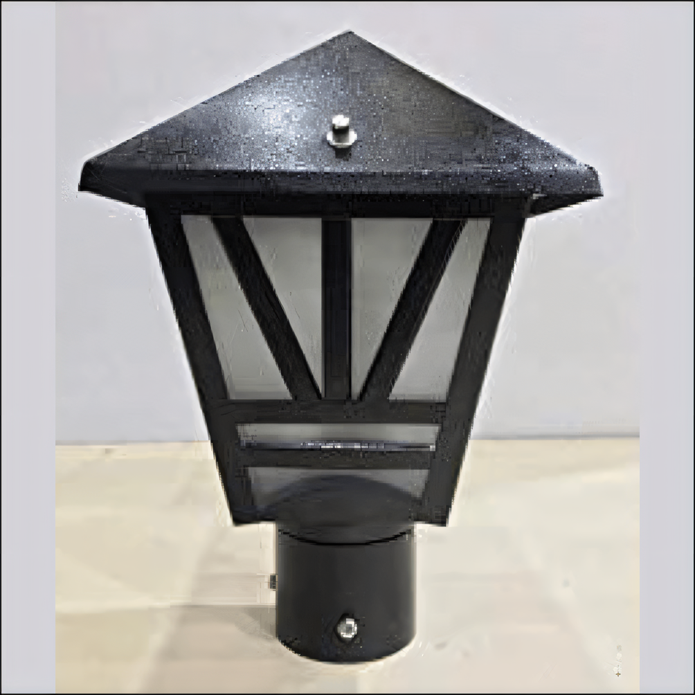 Sleek, black metal frame of the Lotus Design Outdoor Metal Gate Light