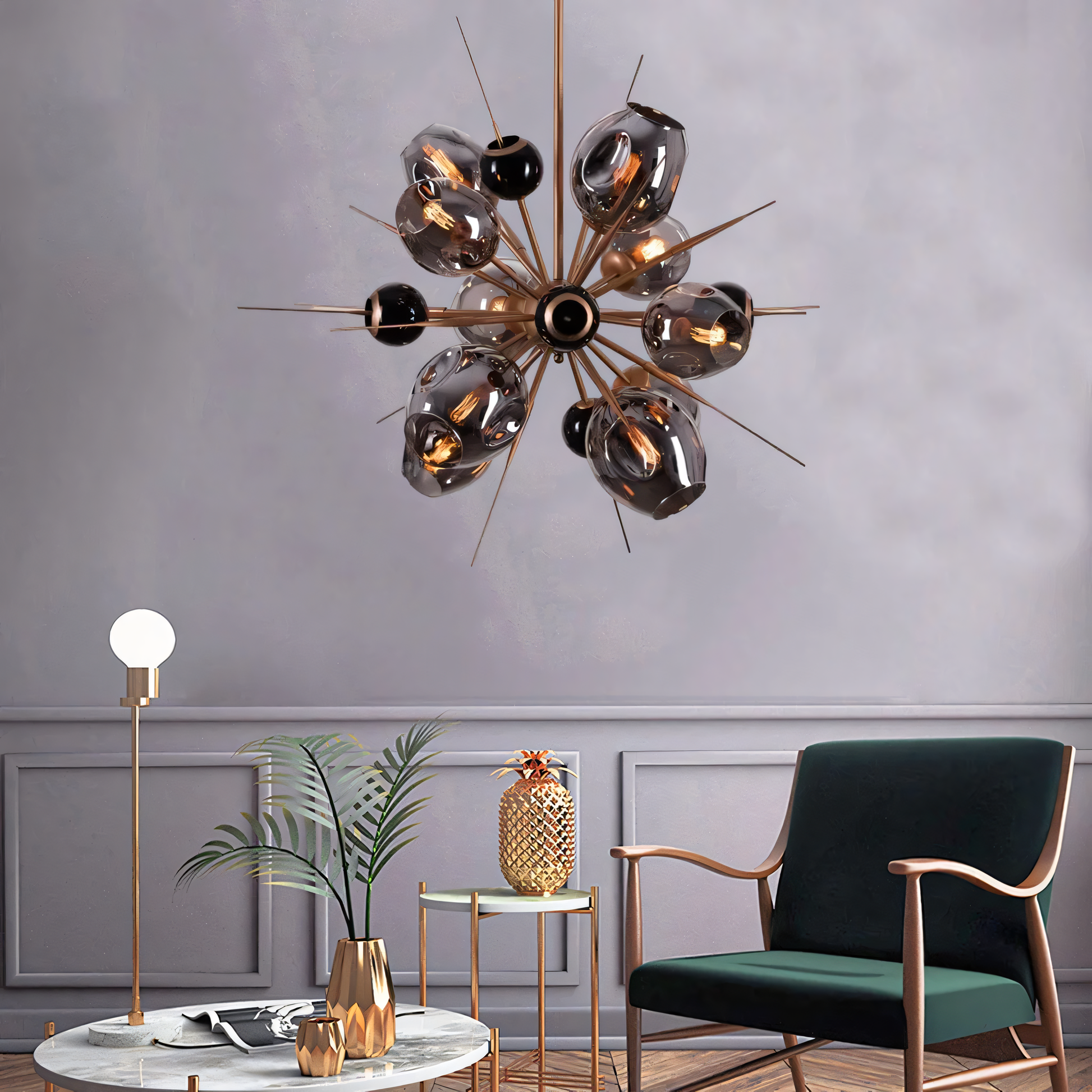 Sophisticated Pavo-style metal and glass chandelier