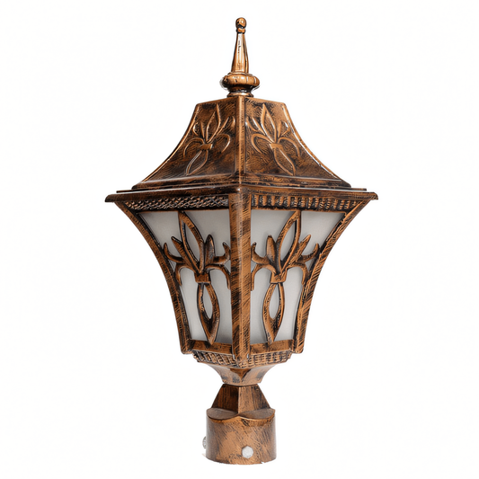 Ornate, antique-inspired gate light in a fiery, dramatic setting