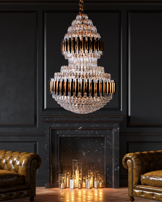 Exquisite long golden crystal chandelier in a luxurious apartment