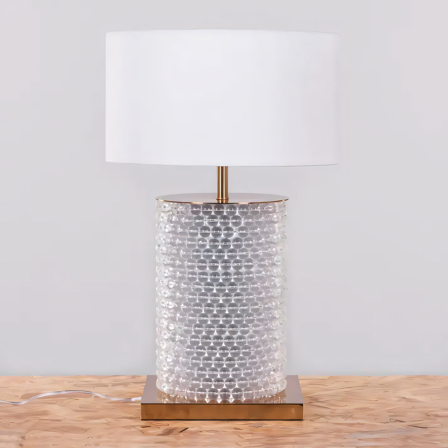 Smokey grey glass accents and off-white fabric shade of the Well Heeled (White, Gold) Table Lamp