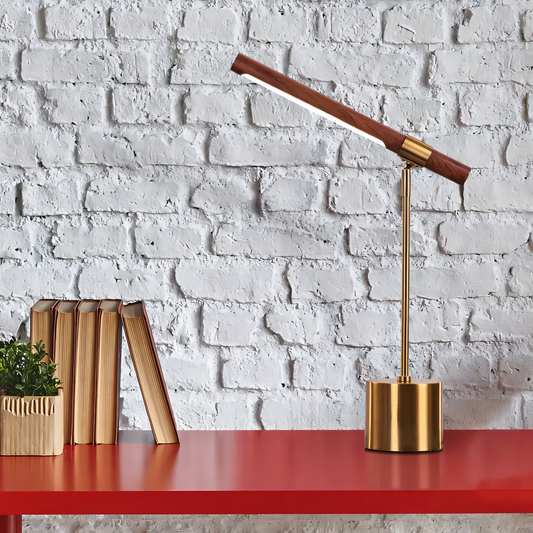 Matte gold metal frame table lamp with wood-finished shade