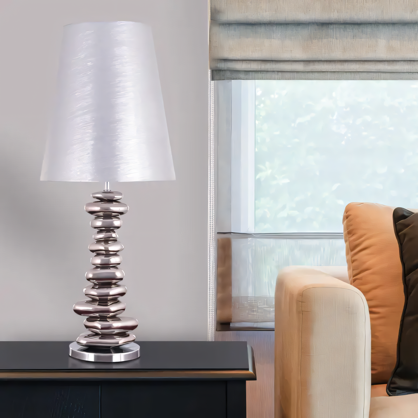 Sleek chrome-plated iron base of the Forever Zen (Chrome) Ceramic Table Lamp