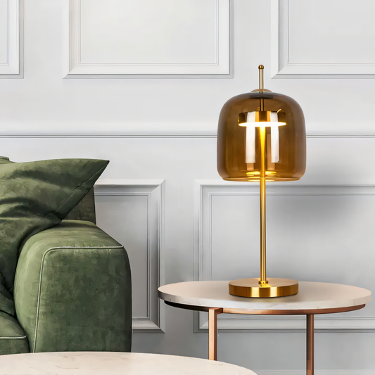 Amber-tinted glass bell-shaped table lamp