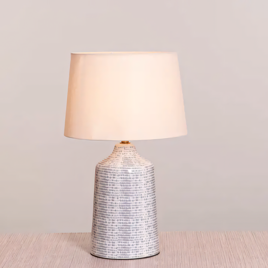 Grey and white ceramic table lamp with off-white shade