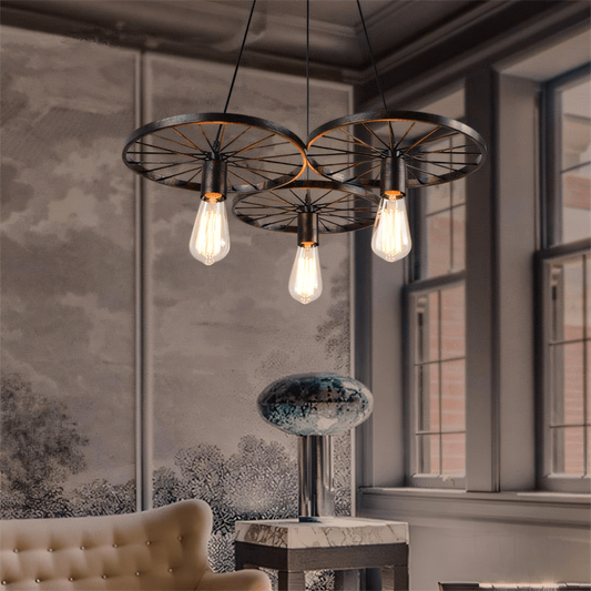 Rustic metal wheel-shaped hanging light with a warm, captivating glow