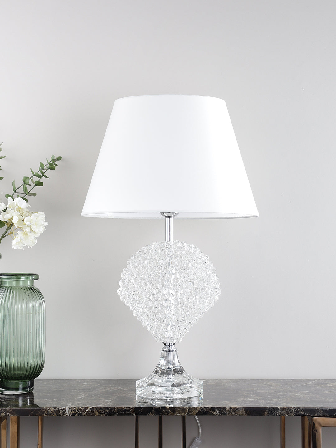 White Fabric Shade with Silver Metal Base